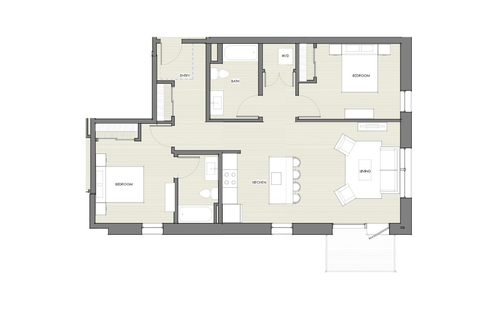2 Bedroom Corner - 2 bedroom floorplan layout with 2 baths and 1038 square feet.