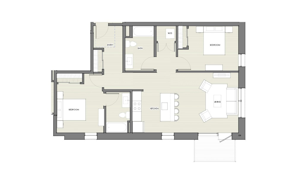 2 Bedroom Corner - 2 bedroom floorplan layout with 2 bathrooms and 1038 square feet